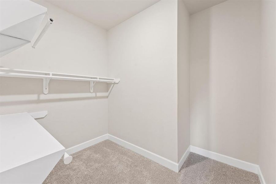 This is a compact, carpeted closet space featuring built-in shelving and hanger rods, suitable for storage and organization of clothing and other items.