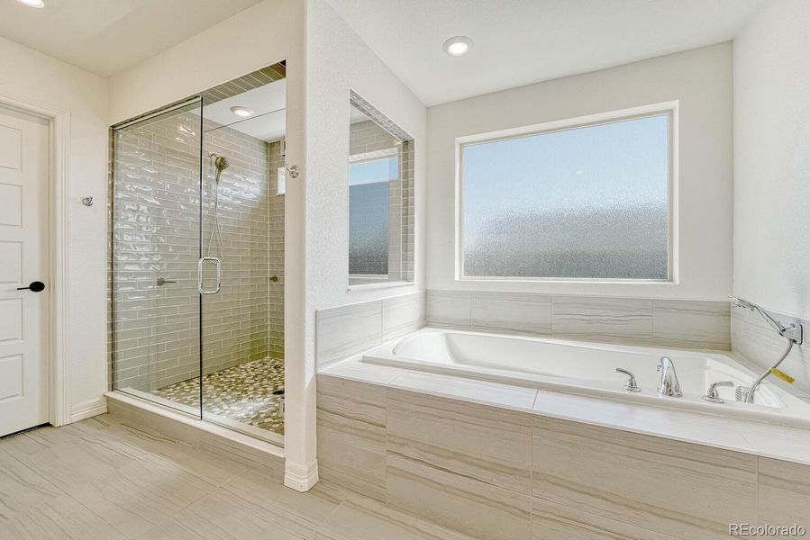 An upgraded shower paired with a stylish Kohler tub.