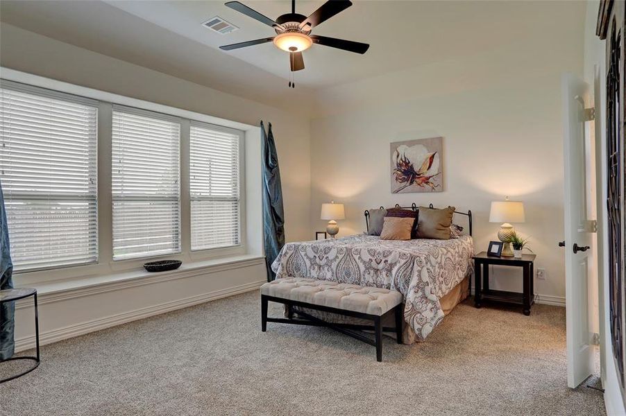 Bedroom featuring ceiling fan and carpet floors