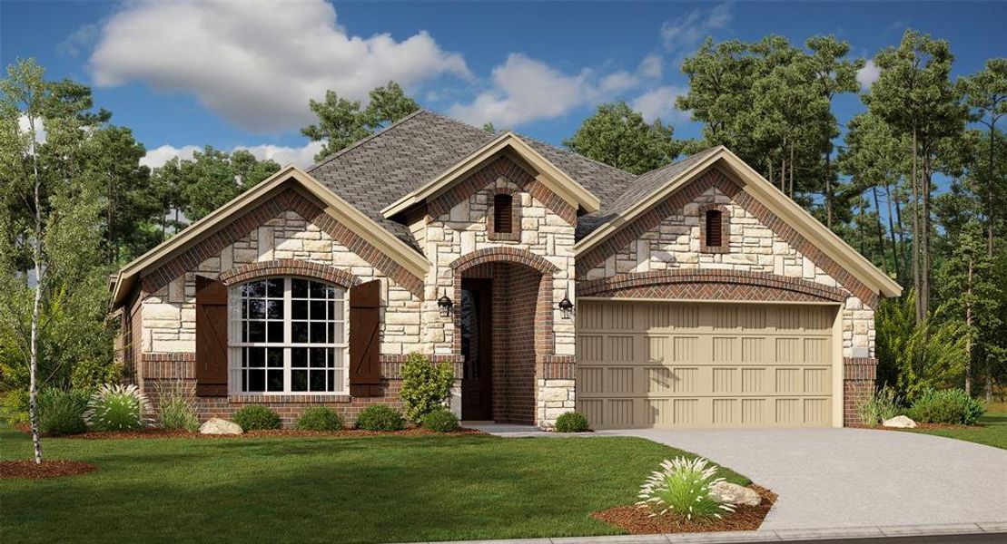 View of front facade featuring a front yard and a garage