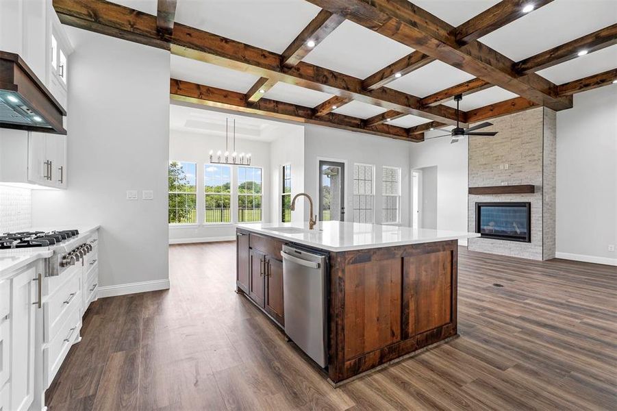 Kitchen with dark hardwood / wood-style floors, a center island with sink, hanging light fixtures, a stone fireplace, and stainless steel dishwasher