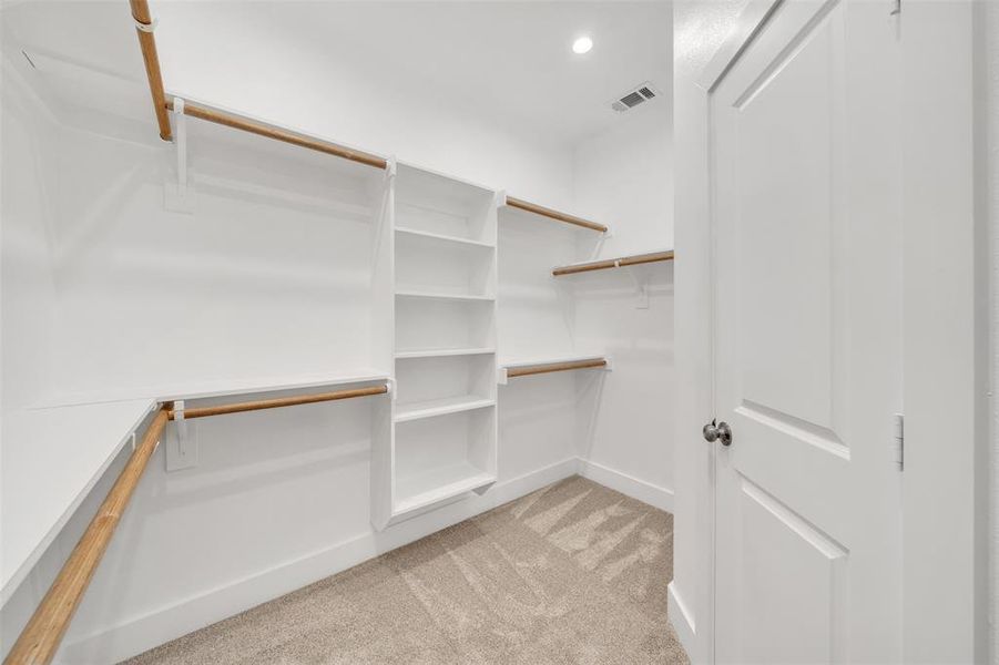 Walk-in closet featuring light colored carpet