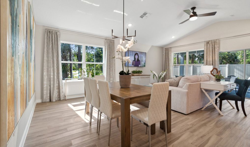 Dining area with wood-look tile floors