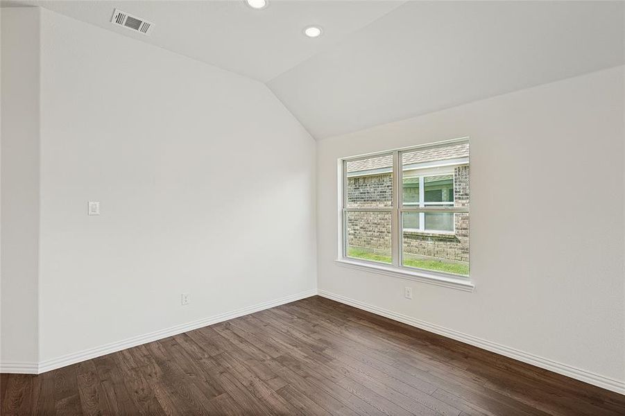 Empty room featuring lofted ceiling and wood-type flooring