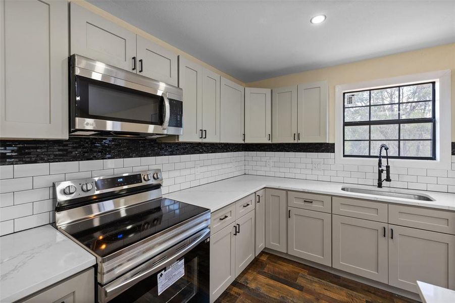 Kitchen with sink, tasteful backsplash, dark hardwood / wood-style floors, and stainless steel appliances