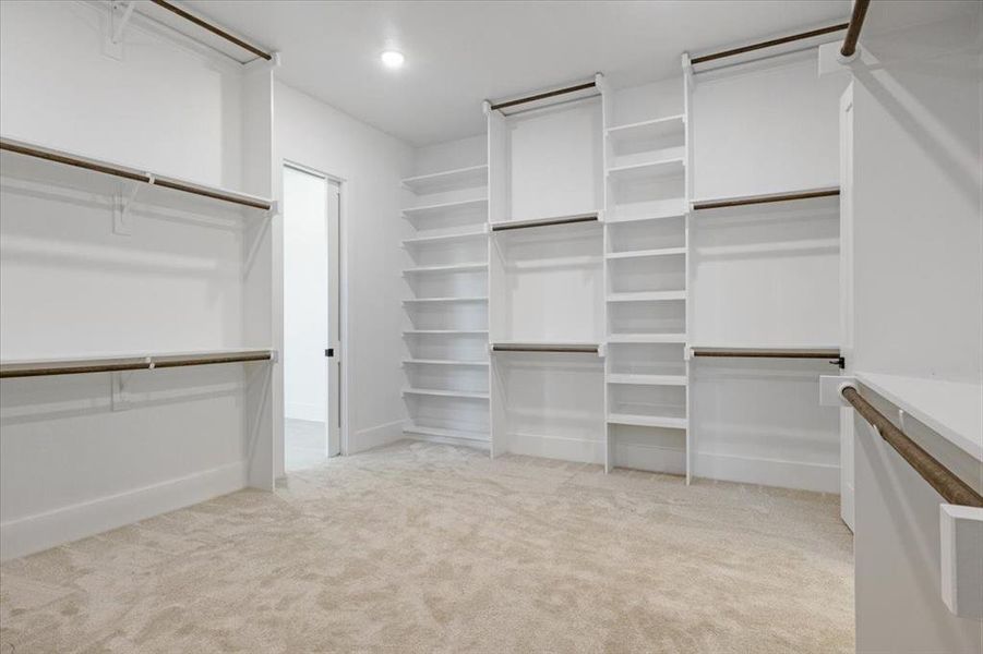 Walk in closet featuring light colored carpet