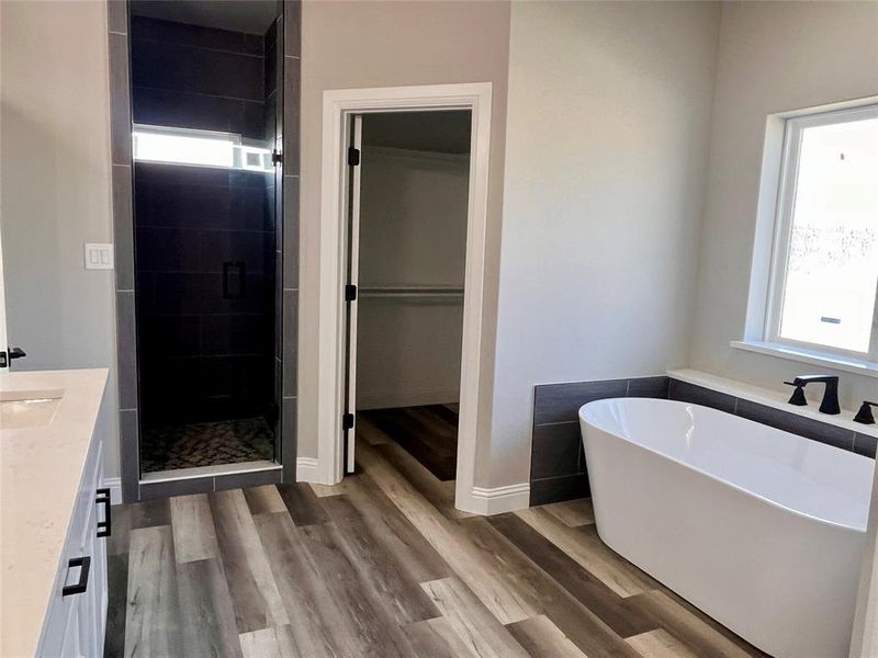 Bathroom featuring hardwood / wood-style flooring, separate shower and tub, and vanity