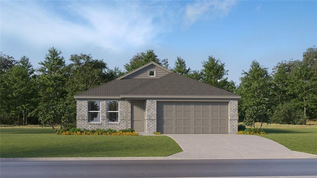 View of front of home featuring a front yard and a garage