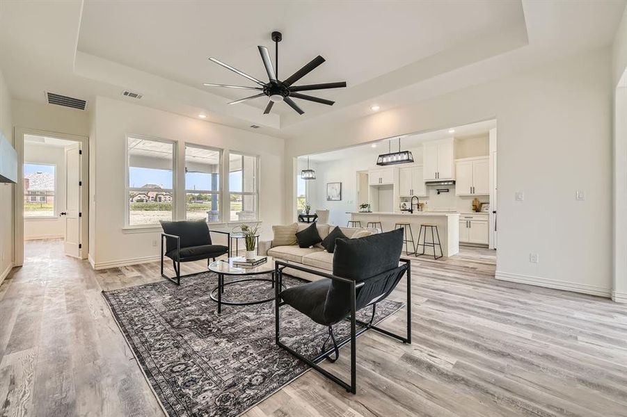 Living room featuring light hardwood / wood-style flooring, ceiling fan, and a raised ceiling