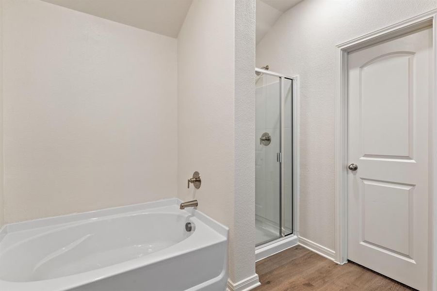 Bathroom featuring independent shower and bath and wood-type flooring