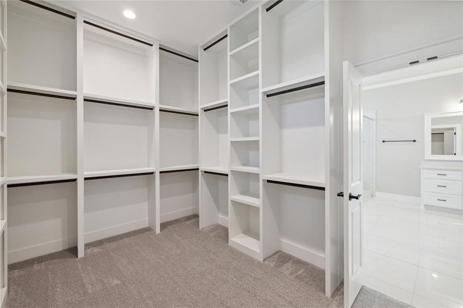 Spacious closet featuring light colored carpet