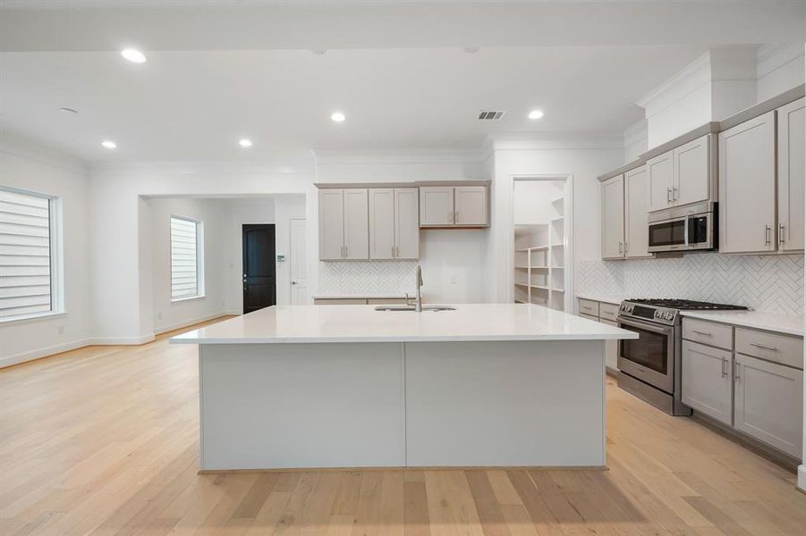 Step into a large and open kitchen, highlighted by the custom cabinets, stunning quartz countertops, and stainless-steel appliances! (Sample photos of a completed Lisbon floor plan. The image may feature alternative selections and/or upgrades.)