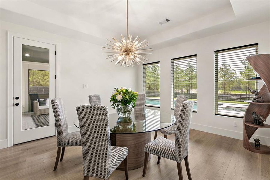 Very spacious dining room with a view - and that chandelier!!