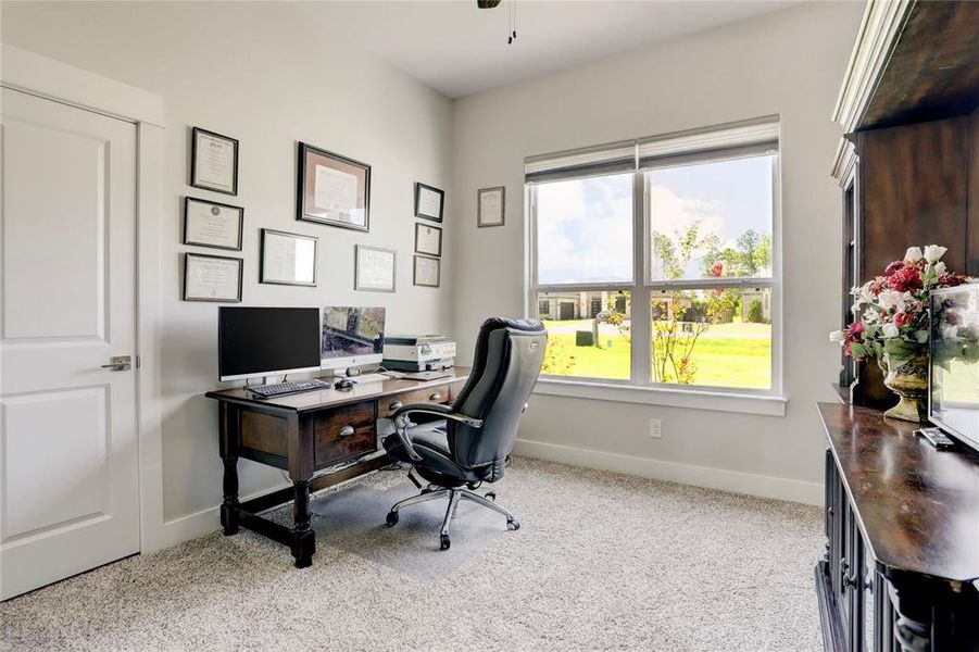 OPTIMIZE YOUR PRODUCTIVITY IN THIS BRIGHT AND SPACIOUS HOME OFFICE, FEATURING AMPLE NATURAL LIGHT AND A SERENE VIEW OF THE FRONT YARD.