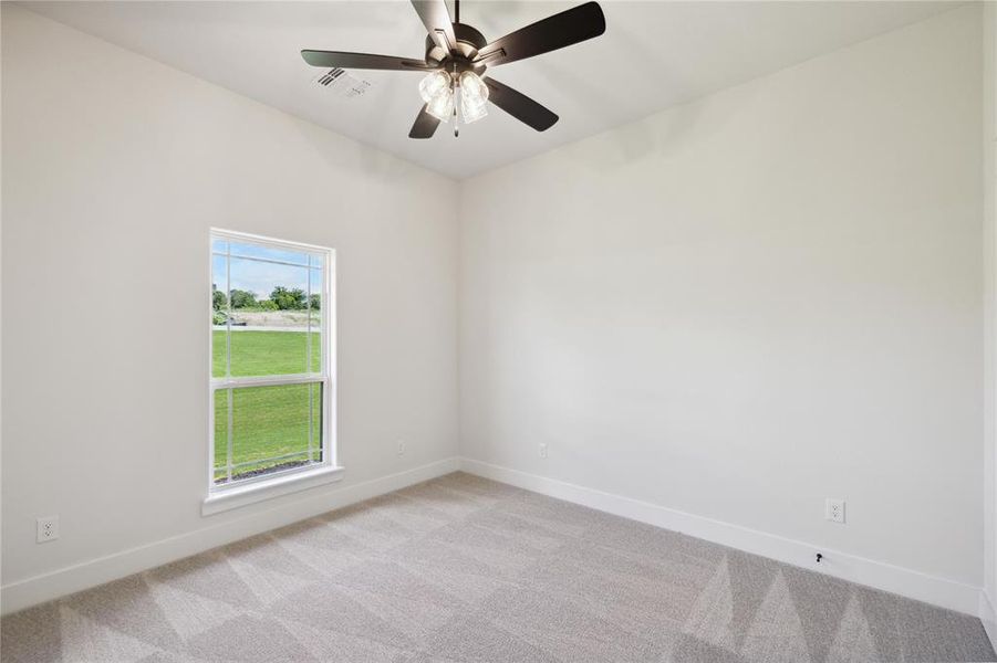 Spare room featuring plenty of natural light, light carpet, and ceiling fan