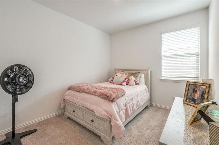 Bedroom with light carpet