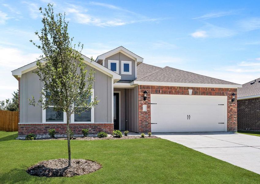 The one-story Sabine floor plan has a siding and brick exterior.