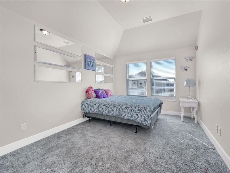 Bedroom featuring carpet and lofted ceiling