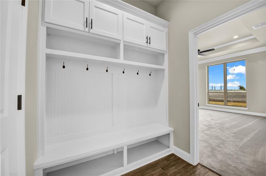 Mudroom with a raised ceiling, dark hardwood / wood-style floors, and ceiling fan