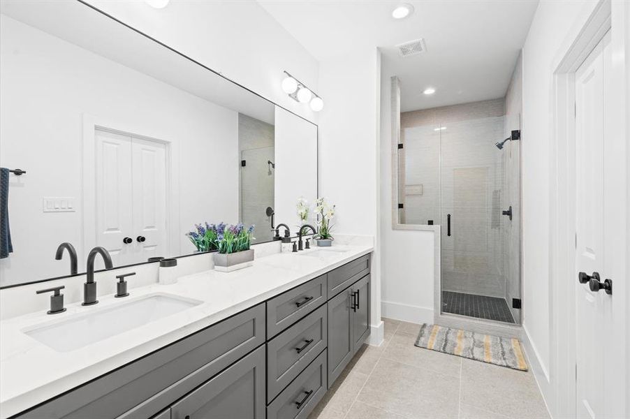 The primary bathroom offers luxury and functionality. A sleek standing shower with a frameless glass door pairs seamlessly with the dual vanities that complete this room. Ample lighting tie a silk ribbon around this space! *All interior photos are from the model home: 5216 Pine Tree*