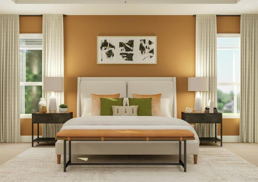 Rendering of the spacious master bedroom
  focused on the large bed and accent wall. Additional furnishings include  nightstands, table lamps, bench and floor-to-ceiling curtains.