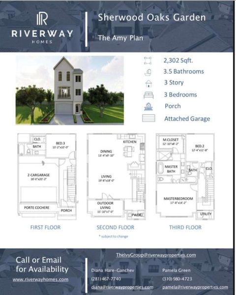 The popular Amie plan has three stories, three bedrooms, 3 1/2 baths. Open concept, living and a huge outdoor living space balcony. It is located right in front of the open water feature area.