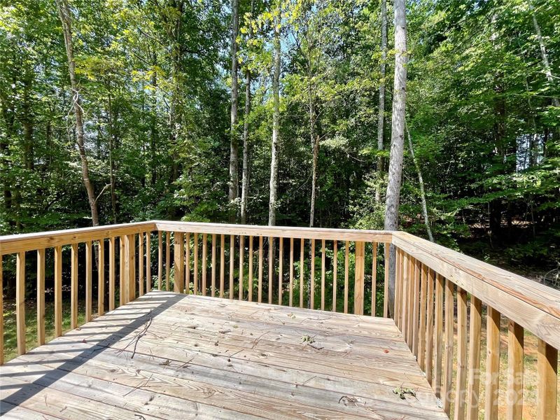 Deck overlooks wooded area with mature trees