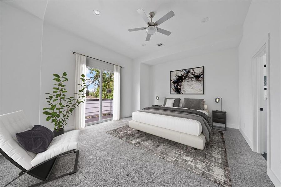 Virtually staged primary bedroom features a private balcony and luxurious bathroom.