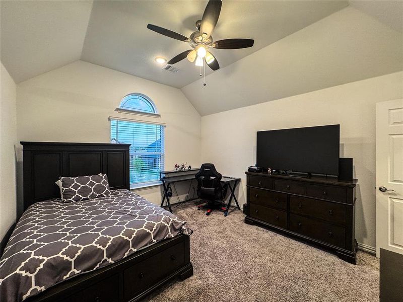 Carpeted bedroom with ceiling fan and vaulted ceiling