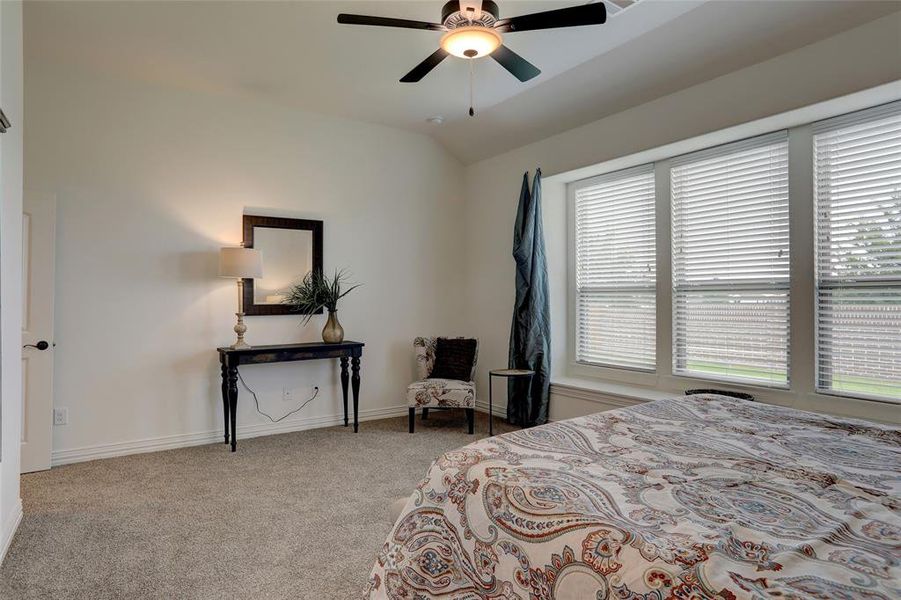 Bedroom with vaulted ceiling, carpet, ceiling fan, and multiple windows