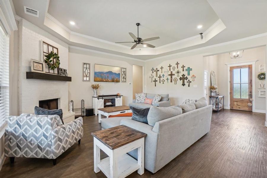 Living room with a fireplace, dark wood-type flooring, and a raised ceiling