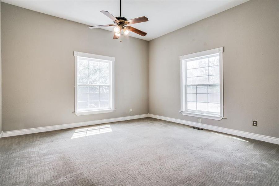 Carpeted spare room featuring ceiling fan and plenty of natural light