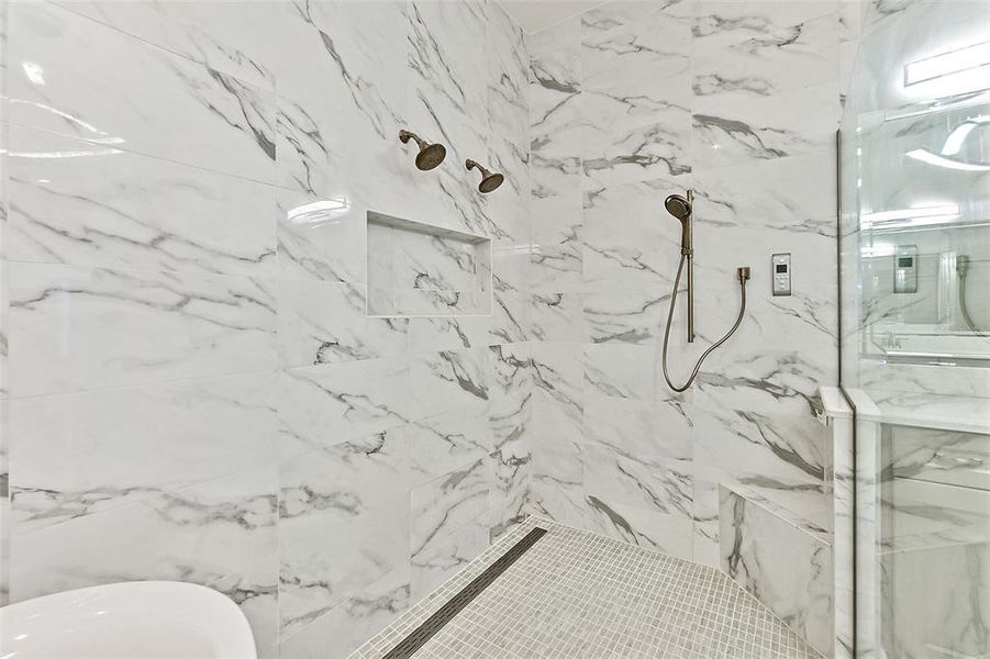 Marbled Tile to Ceiling Walk-in Shower