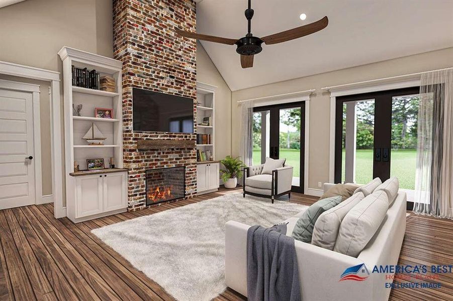 Living room with brick wall, a brick fireplace, hardwood / wood-style floors, and ceiling fan