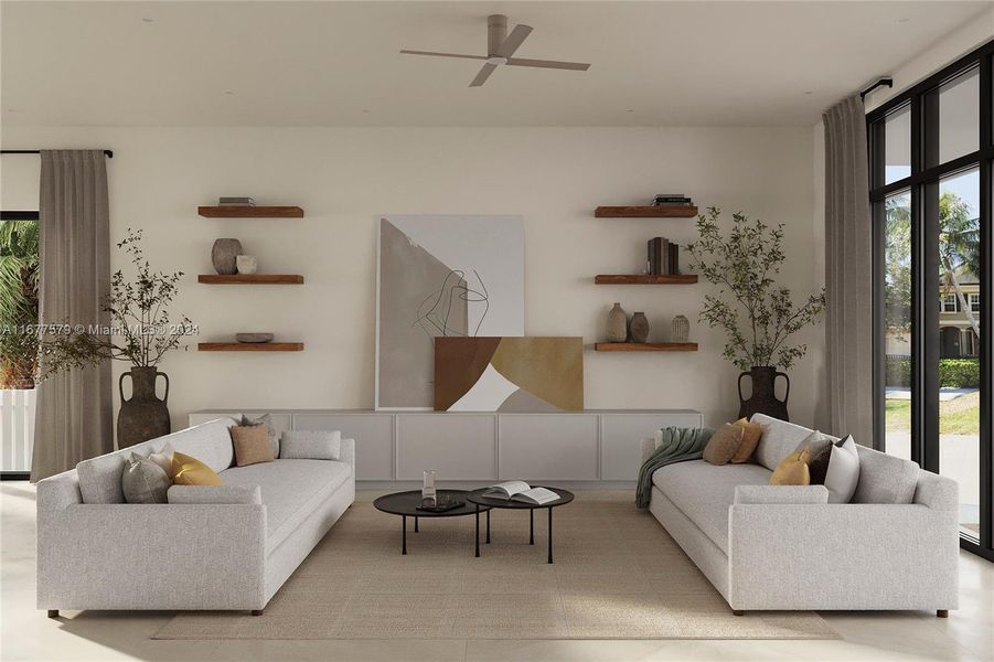 The living room, measures 19'8 x 20'7 beautifully rendered space is ideal for relaxation and entertaining, The soft cream tones create a warm and inviting atmosphere, perfectly complemented by sleek furniture and tasteful decor all rendering are designed by Tetiana Denysenko