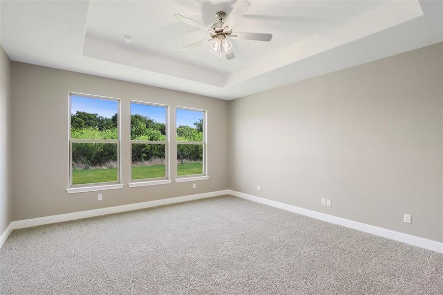 Carpeted empty room with ceiling fan and a tray ceiling