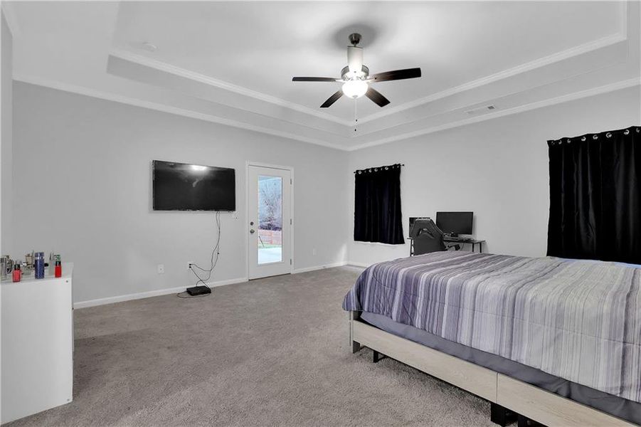 Carpeted bedroom featuring ornamental molding, a tray ceiling, ceiling fan, and access to exterior