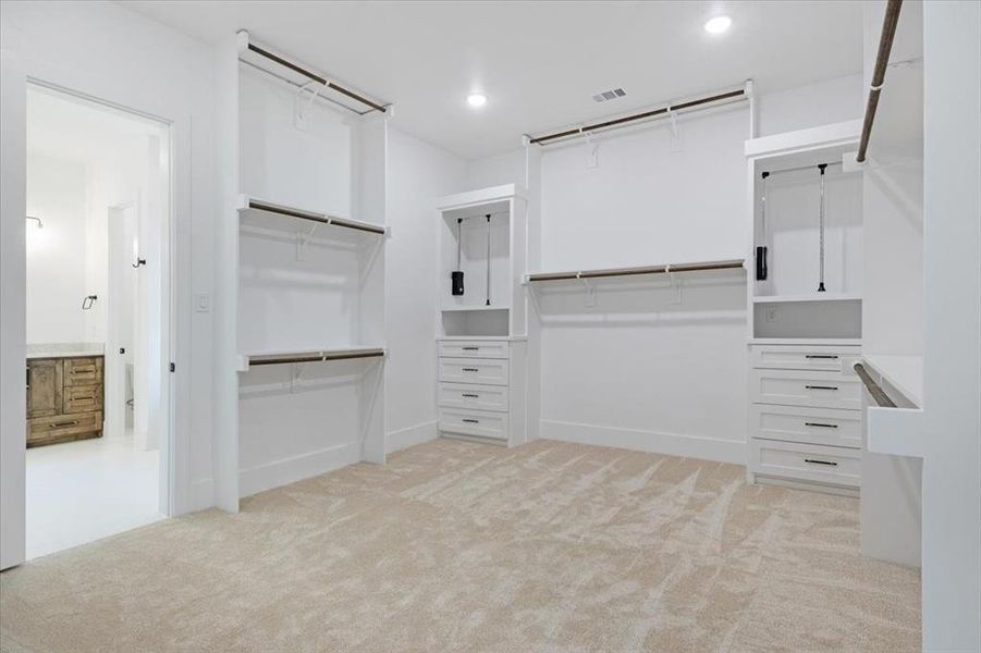 Spacious closet with light carpet