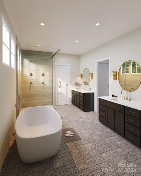 The primary en suite bath rendering has dual vanities, walk in closet and gorgeous tile selections with a relaxing garden tub