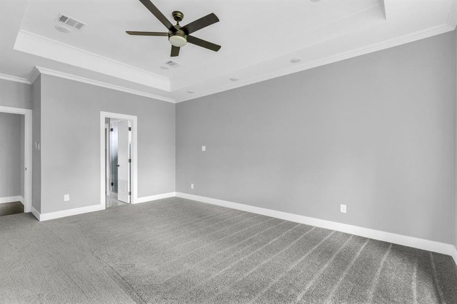 Carpeted empty room featuring a raised ceiling, ornamental molding, and ceiling fan