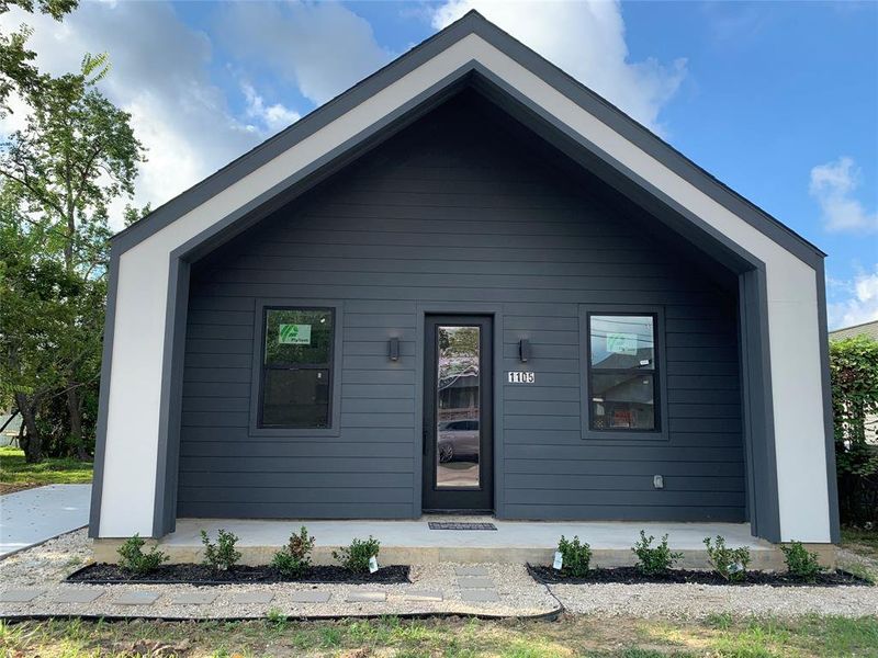 front elevation, covered patio