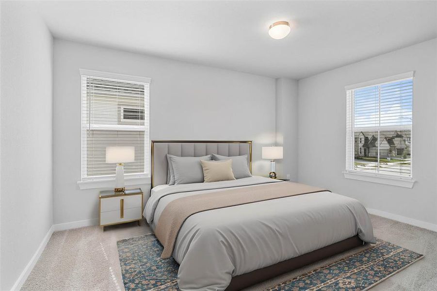 Secondary bedroom features plush carpet, custom paint, high ceilings, and a large windows with privacy blinds.