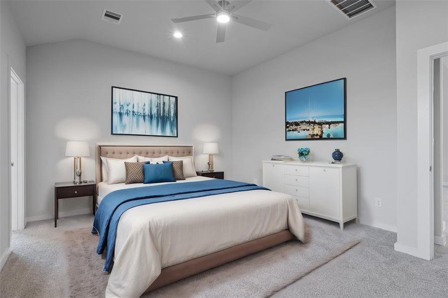 What a wonderful place to come home to, this stunning primary suite greets you with gorgeous carpets, a warm custom paint, high ceiling, ceiling fan with lighting, lovely windows allowing in natural light brightening up this spacious primary bedroom.