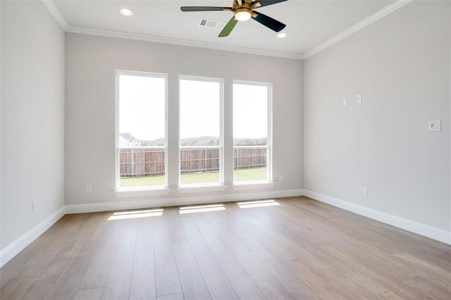 Unfurnished room featuring ornamental molding, ceiling fan, and light hardwood / wood-style floors