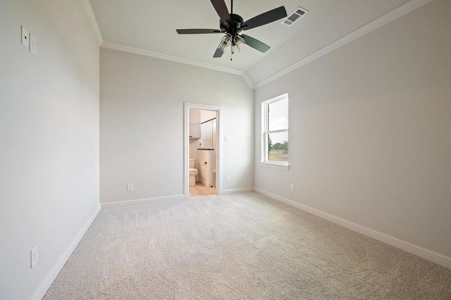 Unfurnished bedroom with ensuite bath, crown molding, lofted ceiling, light carpet, and ceiling fan