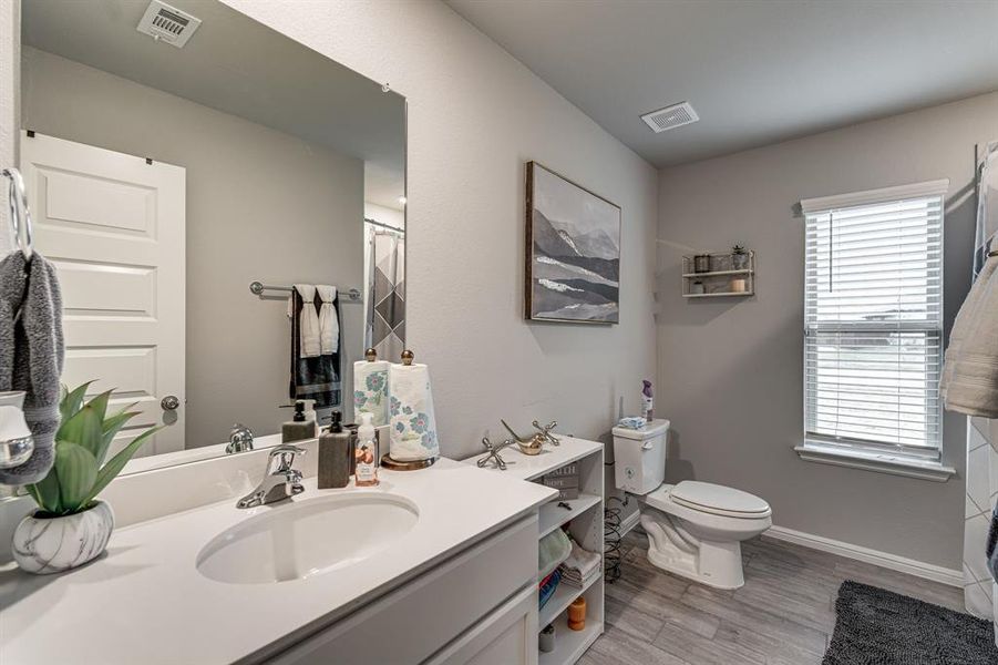 Bathroom featuring vanity, hardwood / wood-style floors, and toilet