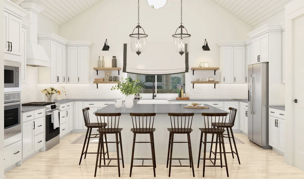 Striking open kitchen with pendant lighting and floating shelves