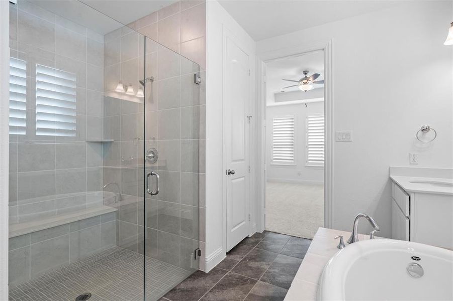 Bathroom featuring vanity, ceiling fan, shower with separate bathtub, and plenty of natural light