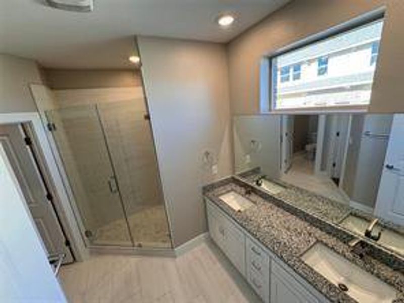 Bathroom with vanity and a shower with shower door