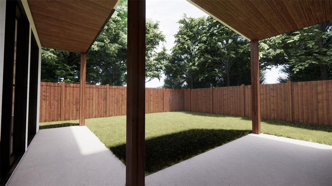 Backyard rendering view from covered outdoor patio.